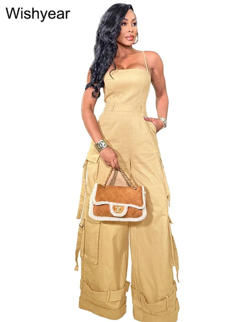 Fashion Multi Pocket Cargo Pants Wide Leg Jumpsuit Rompers Women Khaki Spaghetti Strap Backless One Piece Overalls Streetwear