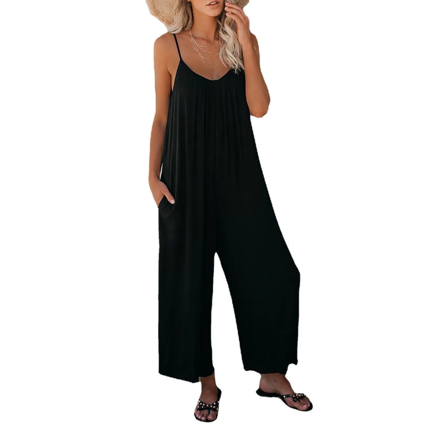 Womens Casual Sleeveless Strap Loose Adjustable Jumpsuits Stretchy Long Pants Romper with Pockets