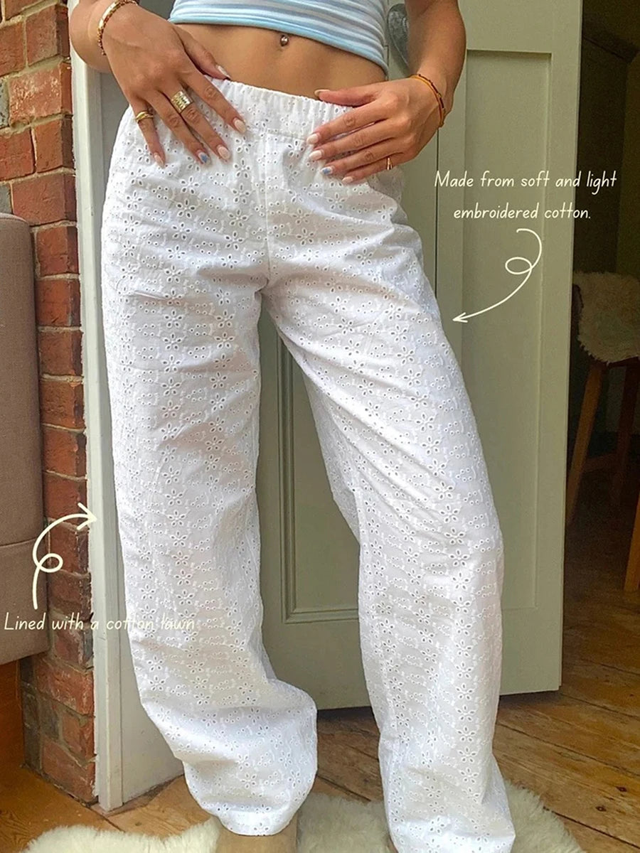 Women Y2K Lounge Pants Elastic Waist Wide Leg Comfy Trousers Flower Embroidery Going Out Pants Streetwear