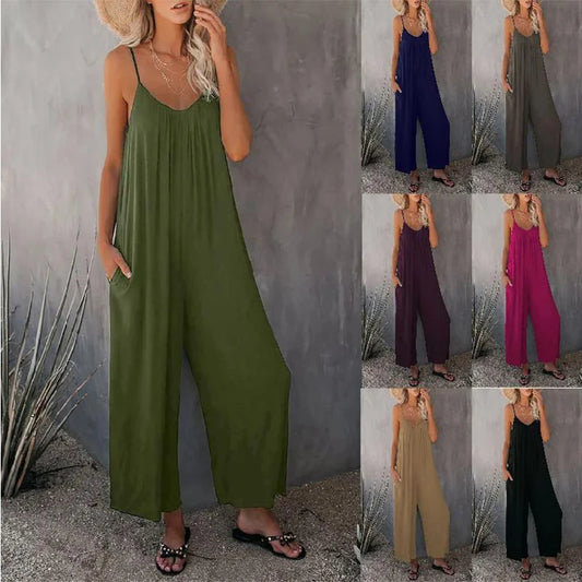 Womens Casual Sleeveless Strap Loose Adjustable Jumpsuits Stretchy Long Pants Romper with Pockets